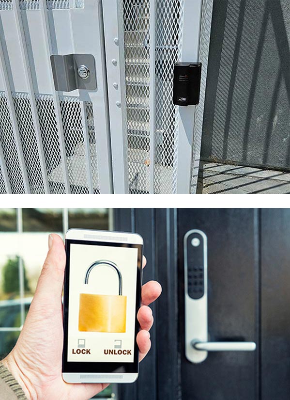 commercial keycard reader on commercial gate (top) and Wi-Fi enabled smartlock on a residential door (bottom)