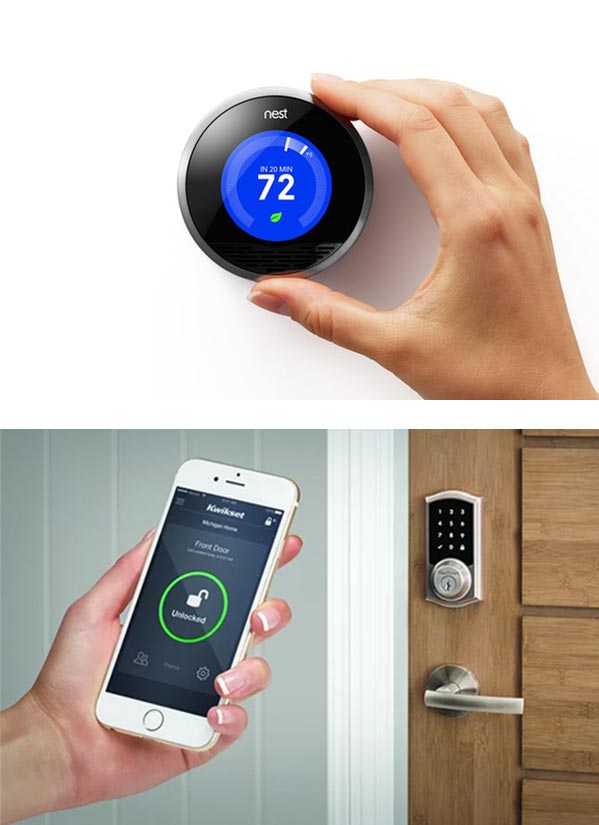 Google Nest thermostat (top) and Kwikset smartlock (bottom)