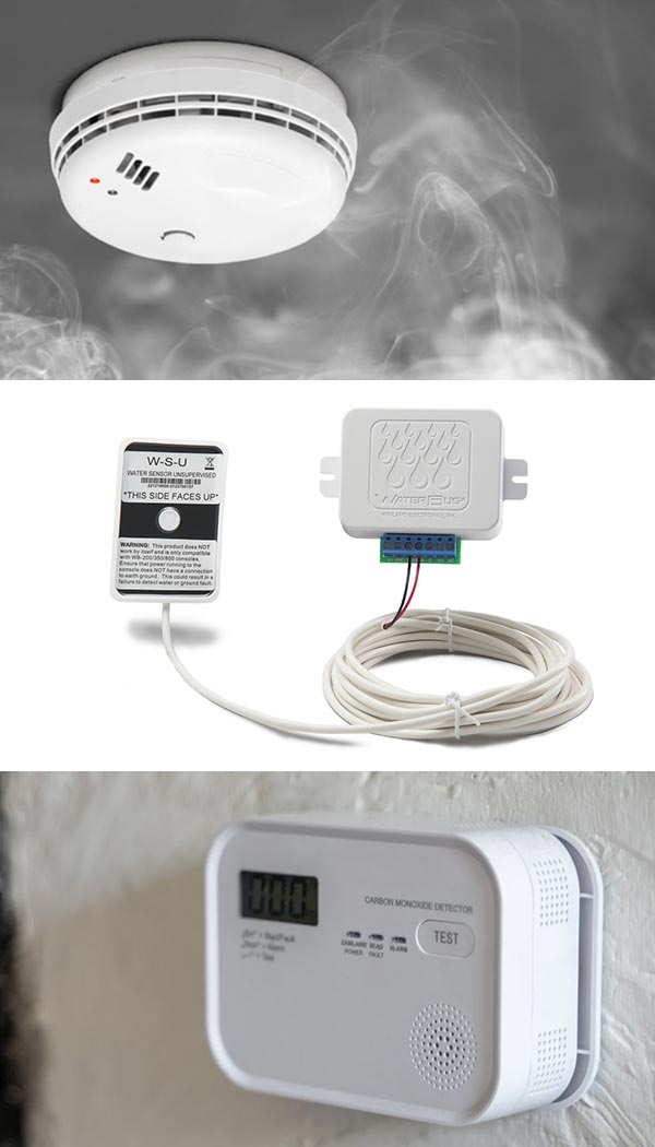 top to bottom: smoke detector, WaterBug water leak detector, and carbon monoxide detector